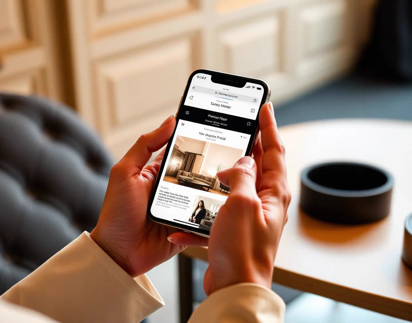 A hand holding a phone displaying a luxurious minimalist website