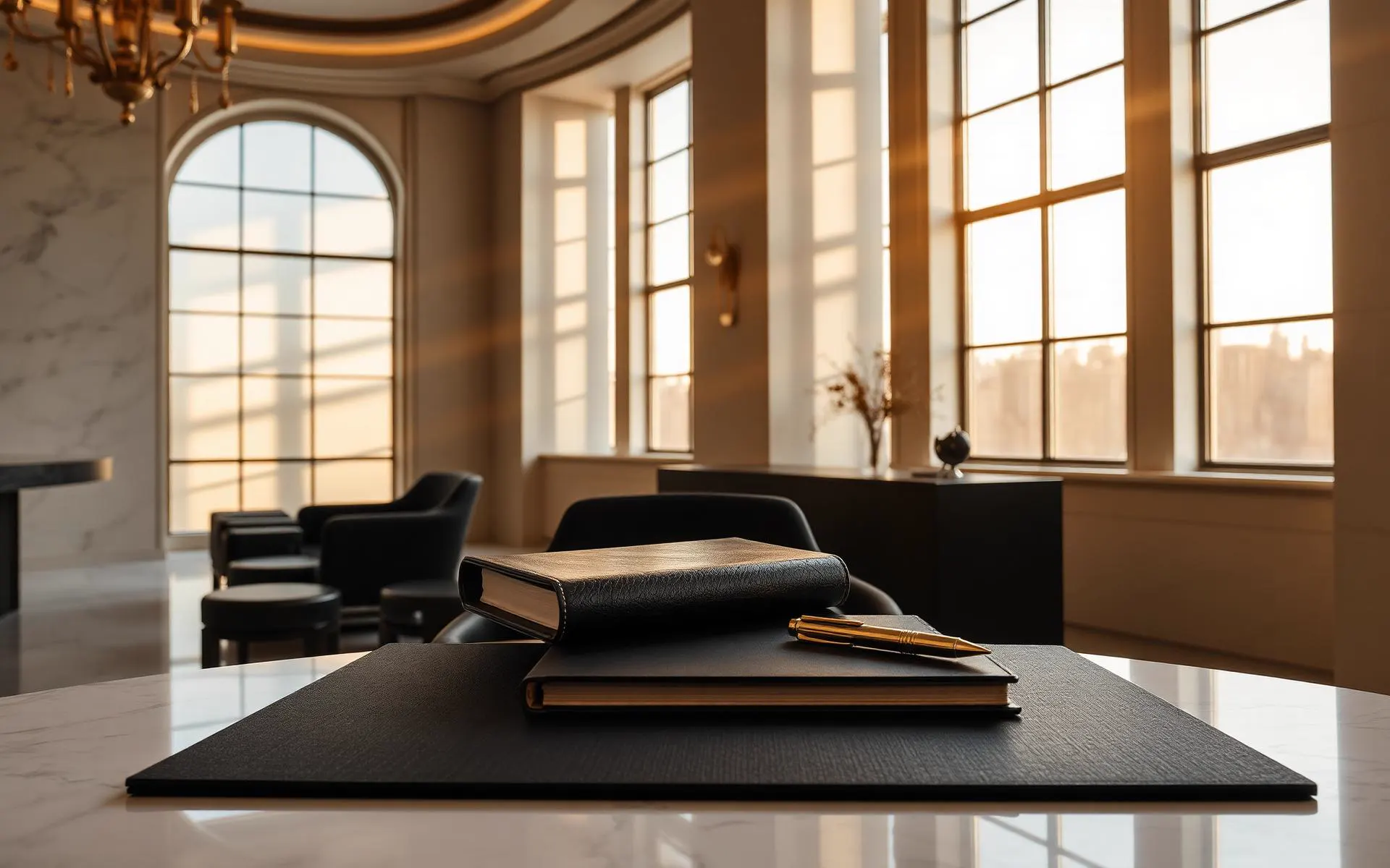 Luxury editorial workspace with a leather notebook and gold pen