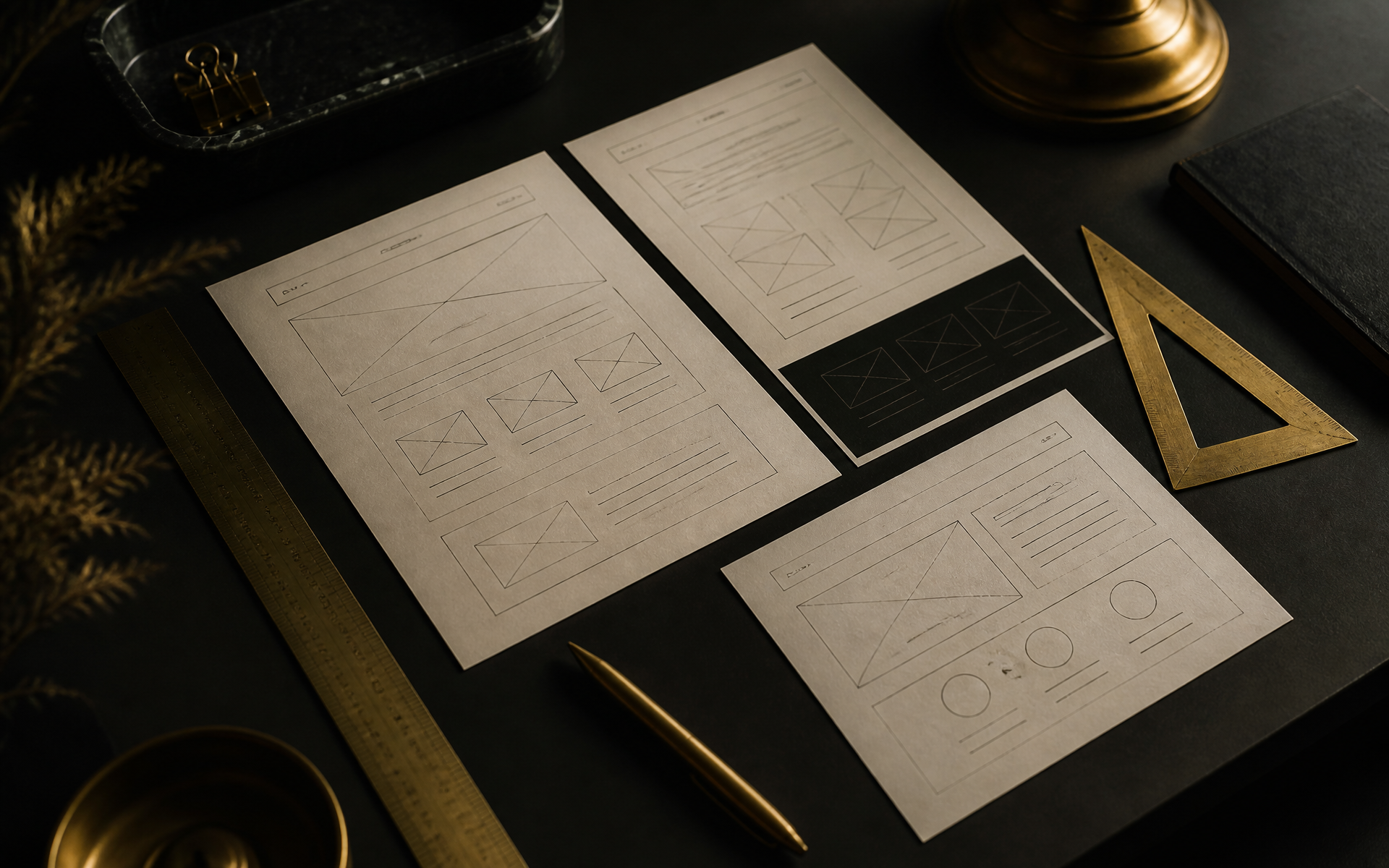 Ivory paper website page wireframes, a brass ruler and a gold pen arranged on a matte black desk
