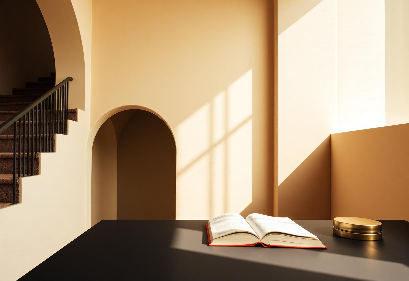 Editorial workspace with an open book and warm architectural light