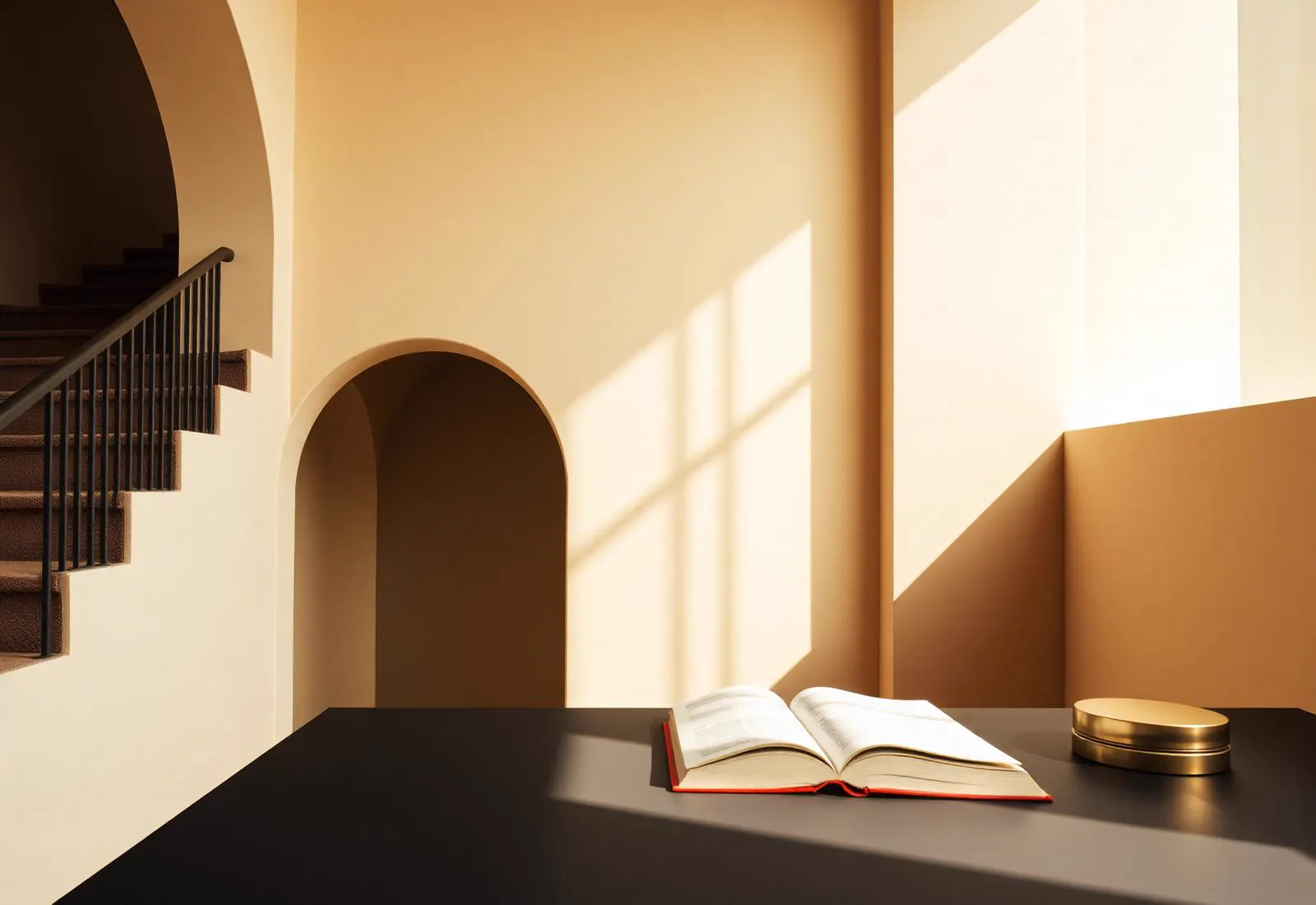 Editorial workspace with an open book and warm architectural light