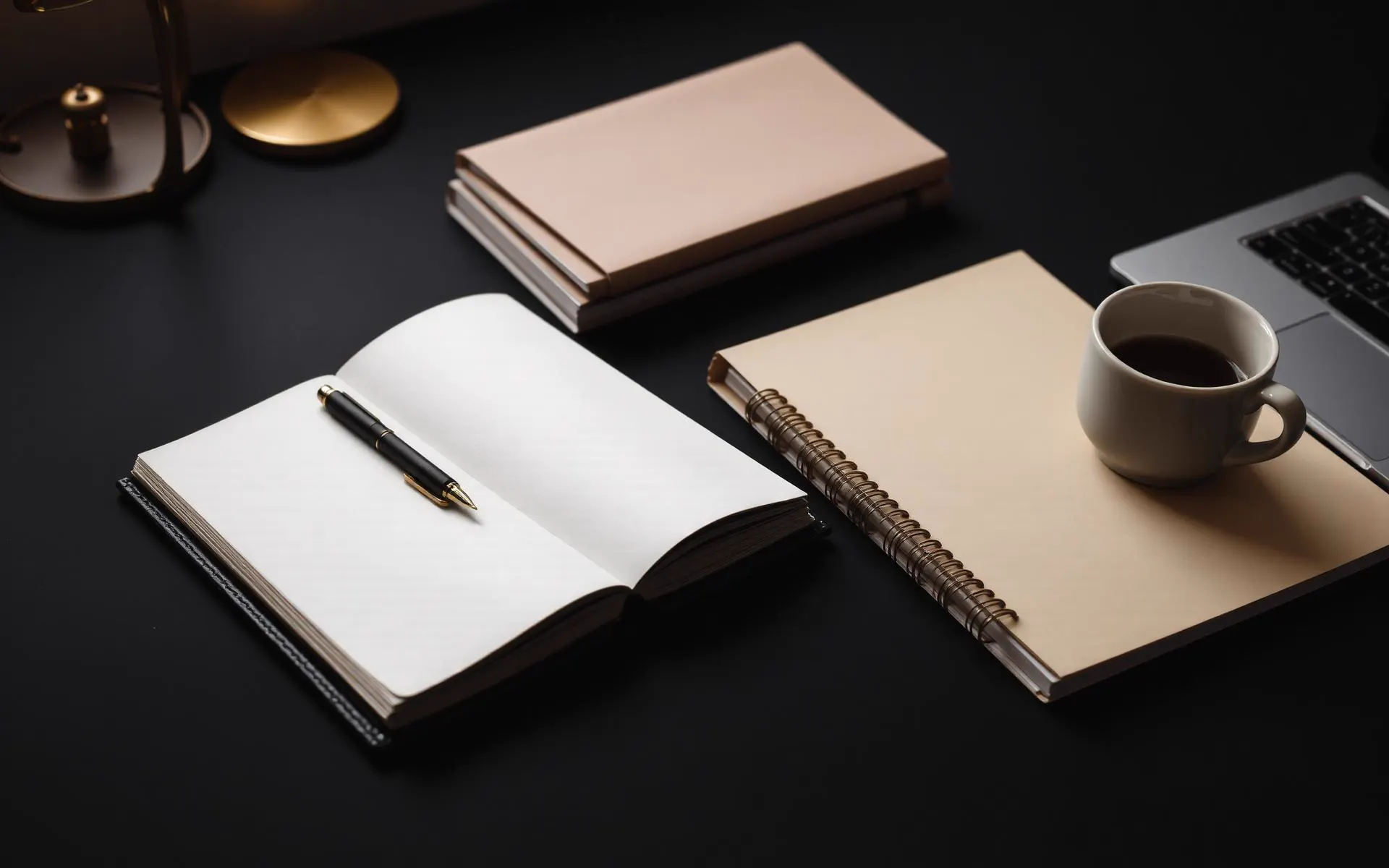 Editorial desk with notebook, pen, books and coffee